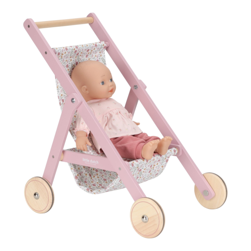 Kočárek pro panenky golfky dřevěné Pink Little Dutch