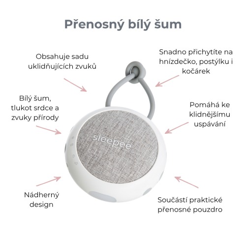 Přenosný bílý šum se zvuky deště, přírody a tlukotu srdce Sleepee
