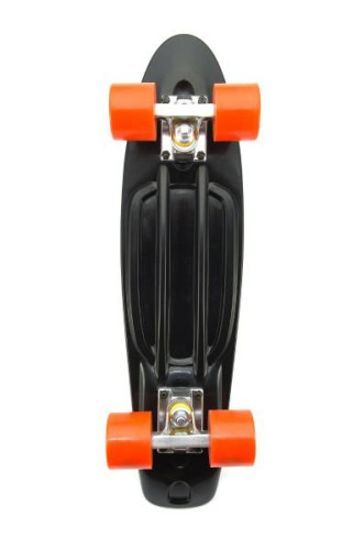 Skateboard - pennyboard 60cm, nosnost 90kg, kovové osy, černá barva, oranžová kola