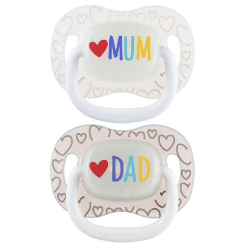 Dudlík svítící silikonový symetrický Love Mum & Dad 6 - 18 m, 2 ks Canpol babies