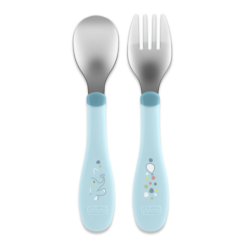 Lžička a vidlička nerez - teal 18 m+ Chicco