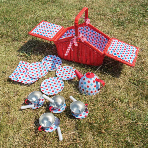 Čajová puntíkovaná sada v piknikovém koši Bigjigs Toys