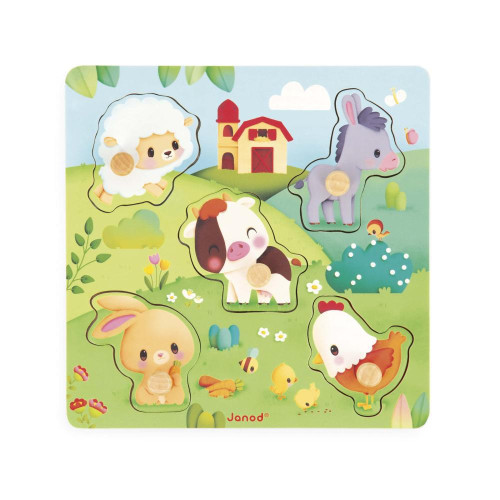 Dřevěné vkládací puzzle s úchytem Zvířátka Janod Farm