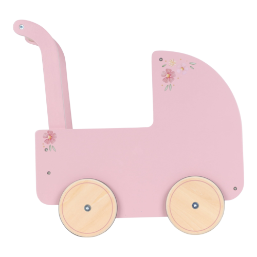 Kočárek pro panenky dřevěný s peřinkou Pink Little Dutch
