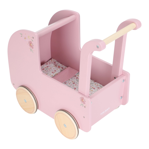 Kočárek pro panenky dřevěný s peřinkou Pink Little Dutch