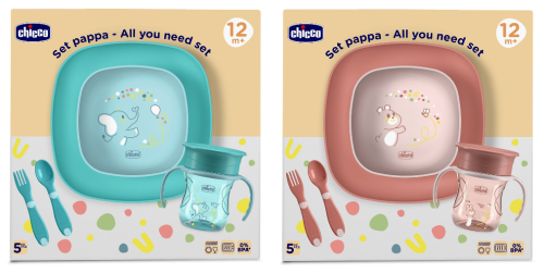 Set jídelní - miska, talíř, láhev a příbor 12 m+ Chicco