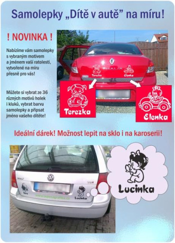 Nálepka na auto - "dítě v autě" se jménem a obrázkem dle vlastního výběru