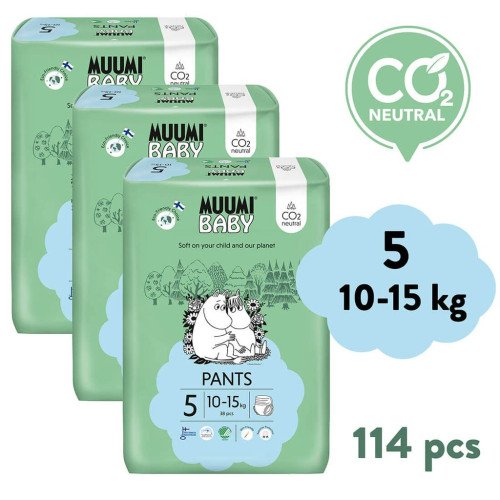 Jednorázové eko pleny Pants 5 Maxi+ 10-15 kg (114 ks), měsíční balení Muumi baby