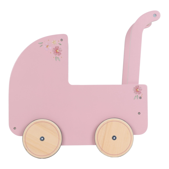 Kočárek pro panenky dřevěný s peřinkou Pink Little Dutch