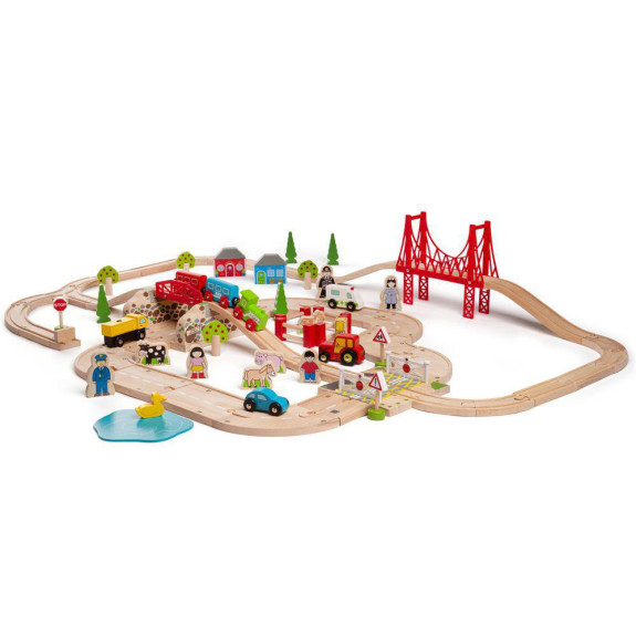Dřevěná vláčkodráha s venkovskou cestou 80 dílů Bigjigs Rail