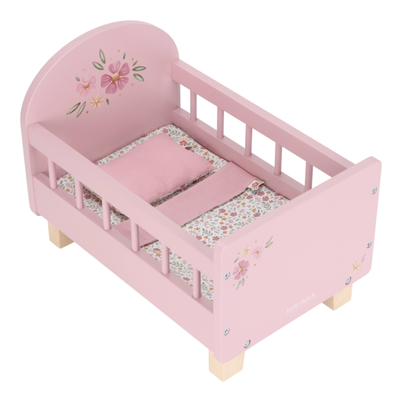 Postýlka pro panenky dřevěná s peřinkou Pink Little Dutch