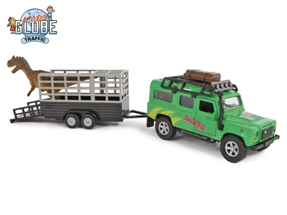Land Rover kov na zpětný chod s přívěsem a dinosaurem Kids Globe Traffic