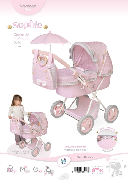 Skládací kočárek pro panenky se slunečníkem a taškou Sophie 60 cm DeCuevas