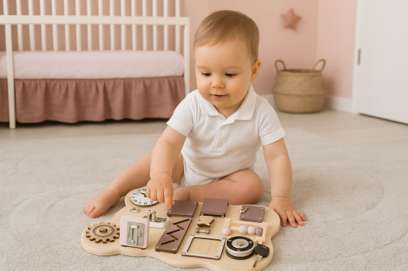 Dřevěná Montessori manipulační senzorická tabule pro děti edukační panel Medvídek