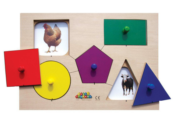Dřevěné deskové puzzle 6 dílů a 4 předlohy Tvary a paměť