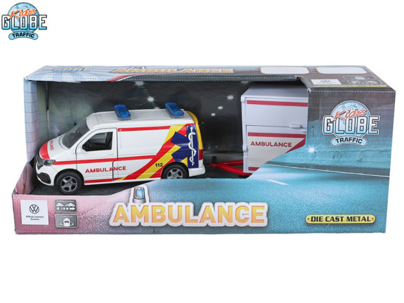 VW Transporter ambulance kov zpětný chod s přívěsem Kids Globe Traffic