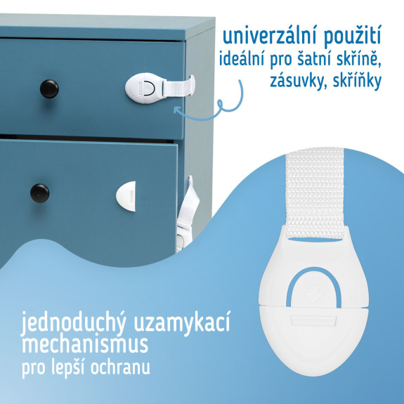 Bezpečnostní zámek (pásek) na skříňky a zásvuky, sada 10 ks textilní-bílá Sipo