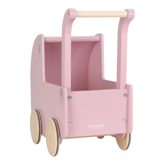 Kočárek pro panenky dřevěný s peřinkou Pink Little Dutch