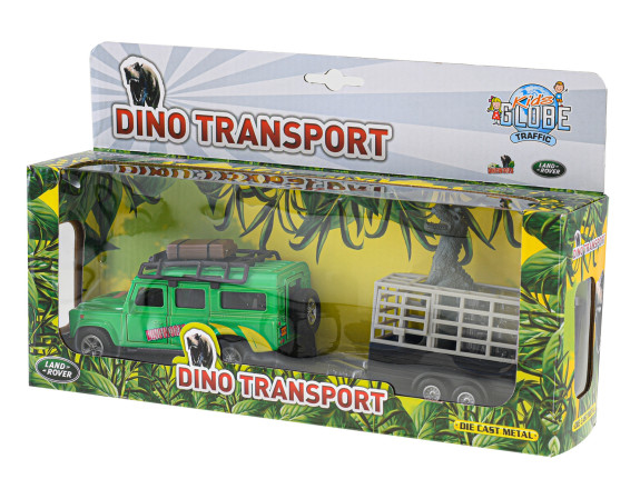 Land Rover kov na zpětný chod s přívěsem a dinosaurem Kids Globe Traffic