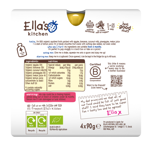 BIO White One Ovocné pyré s melounem (4 × 90 g) Ella's Kitchen