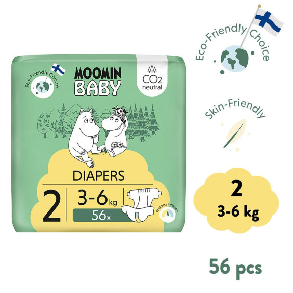 Jednorázové eko pleny 2 Newborn 3–6 kg (56 ks), Moomin baby
