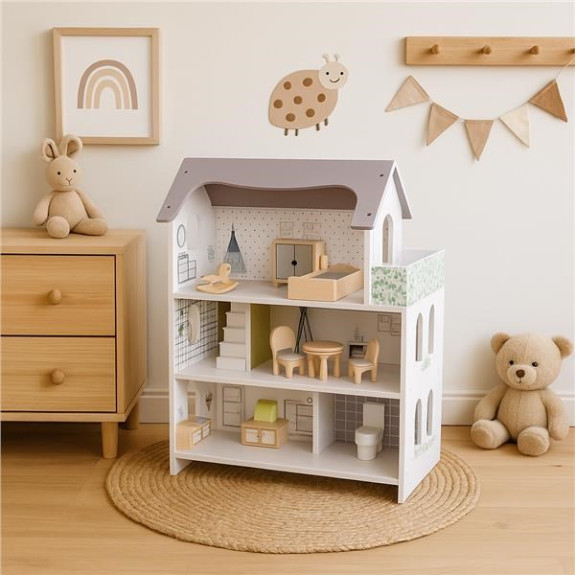 Dřevěný domeček pro panenky s nábytkem Rose Montessori Baby Mix