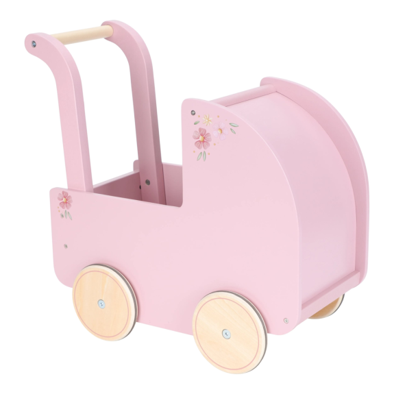 Kočárek pro panenky dřevěný s peřinkou Pink Little Dutch