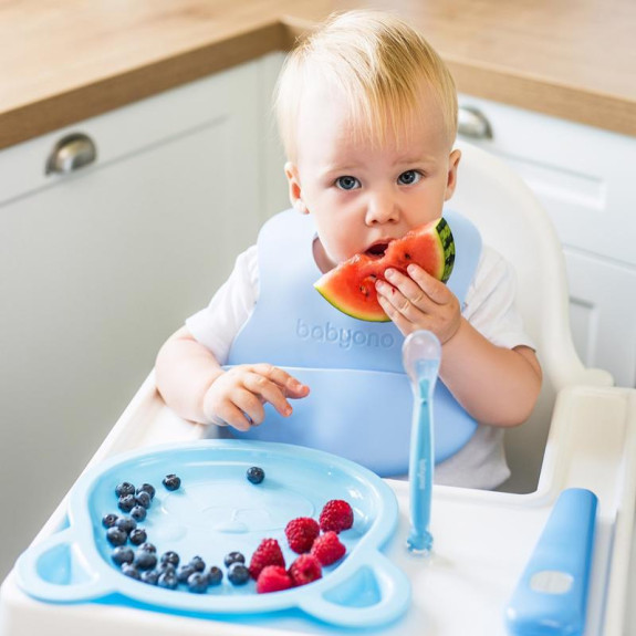 Lžička silikonová s obalem 6 m+ Babyono