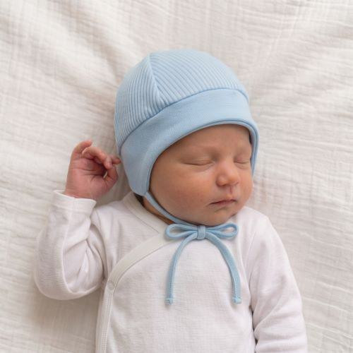 Kojenecká bavlněná zavazovací čepička Pruhy Světle modrá Baby Service