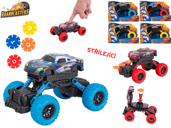 Roadblasters kovové auto s velkými koly – 17 cm, setrvačník, střílející disky