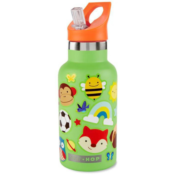 Nerezová láhev s nálepkami se slámkovým náústkem SKIP HOP 380 ml