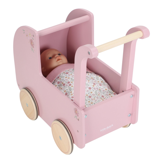 Kočárek pro panenky dřevěný s peřinkou Pink Little Dutch