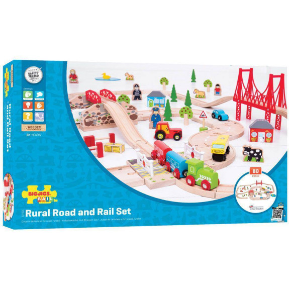 Dřevěná vláčkodráha s venkovskou cestou 80 dílů Bigjigs Rail