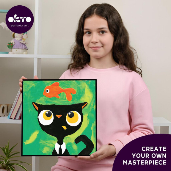 Černá kočka s rybkou výtvarná sada malování hmotou podle čísel 29 x 29 cm Okto