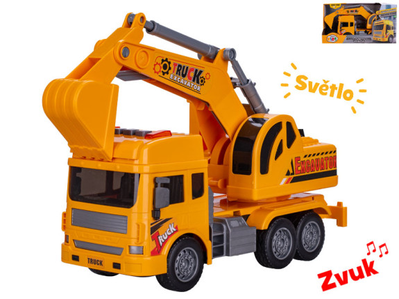 Auto stavební rypadlo 27 cm na setrvačník na baterie se světlem a zvukem