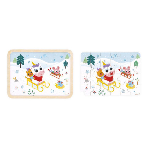 Dřevěné puzzle s hledáním rozdílů Sáňkování 24 dílků Janod