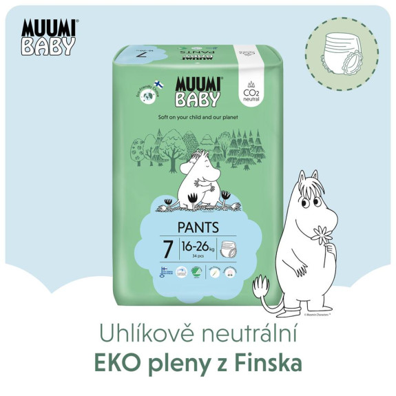 Jednorázové pleny Pants 7 XL 16-26 kg (102 ks), měsíční balení Muumi Baby