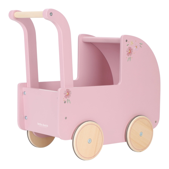 Kočárek pro panenky dřevěný s peřinkou Pink Little Dutch