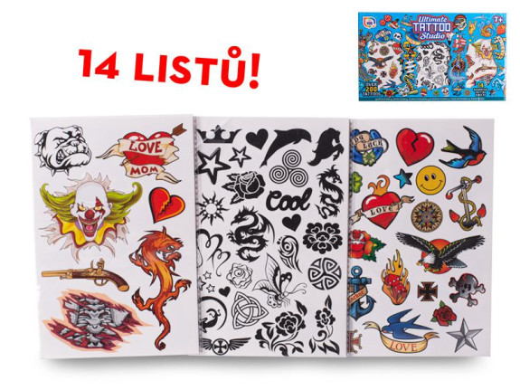 Sada tetování pro kluky 14 listů 200 motivů v krabičce
