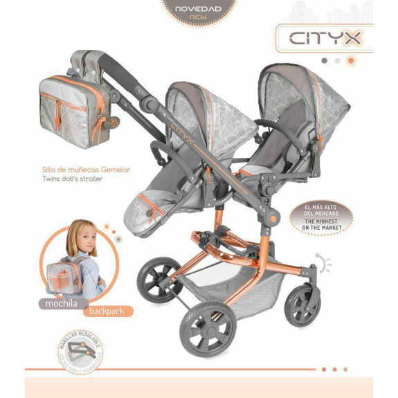Skládací kočárek pro dvojčata panenky s batůžkem City X - 91 cm DeCuevas