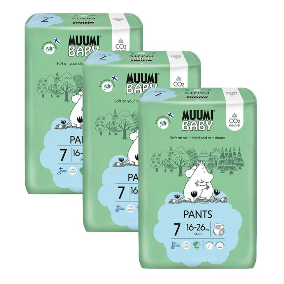 Jednorázové pleny Pants 7 XL 16-26 kg (102 ks), měsíční balení Muumi Baby