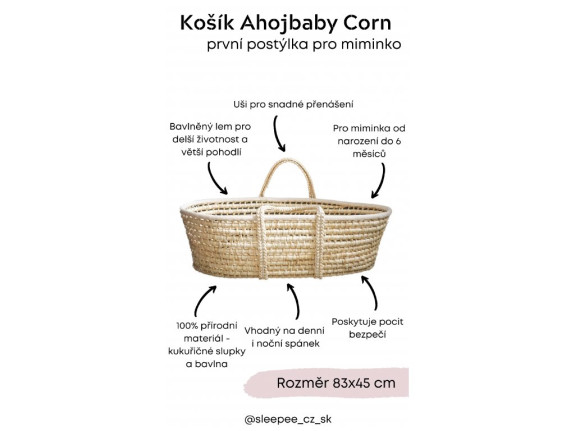 Mojžíšův košík pro miminko Corn Natural + matrace Basic Ahojbaby