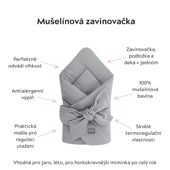 Mušelínová zavinovačka Love béžová se srdíčky Sleepee