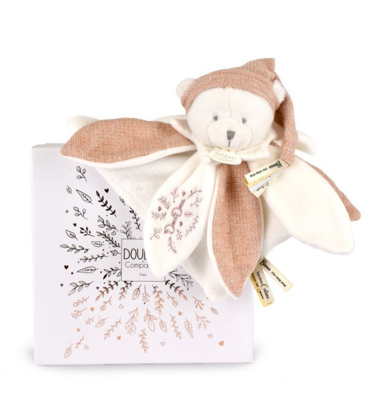 Dárková sada Plyšový muchláček medvídek s čepičkou 25 cm růžový Doudou