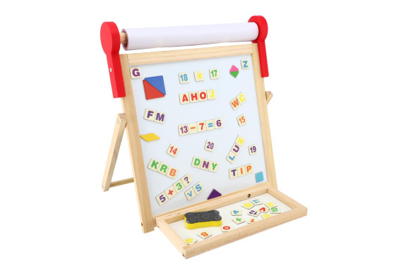 Tabule oboustranná magnetická dřevo černá/bílá 33x33cm s rolí papíru s doplňky
