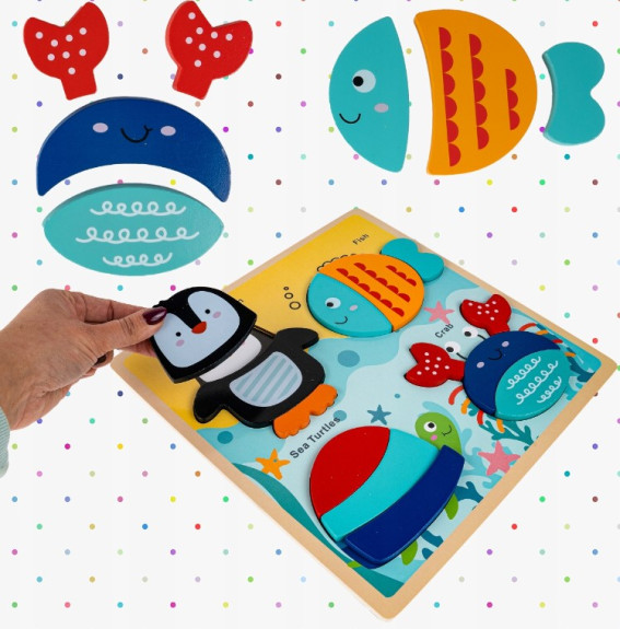 Dřevěné vkládací puzzle velké 30 x 30 cm - Mořské zvířátka Tulimi