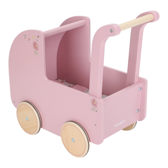 Kočárek pro panenky dřevěný s peřinkou Pink Little Dutch