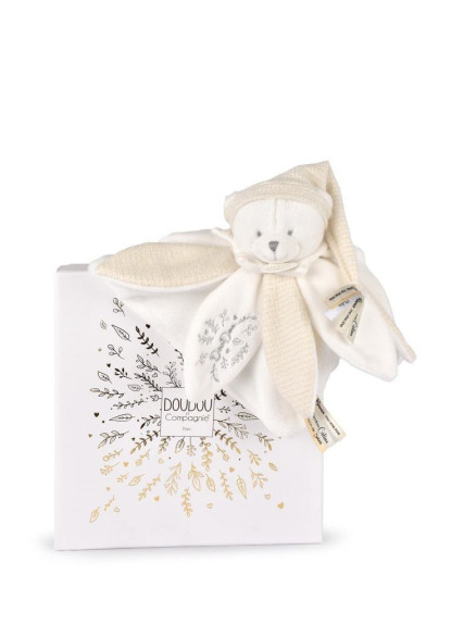 Dárková sada Plyšový muchláček medvídek s čepičkou 25 cm béžový Doudou