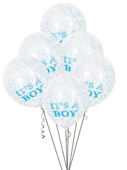Balónek transparentní 30 cm potisk "It´s a boy" s modrými konfetami, 6 ks