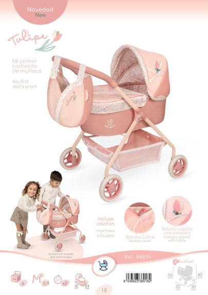 Můj první kočárek pro panenky s taškou Tulipe 56 cm DeCuevas